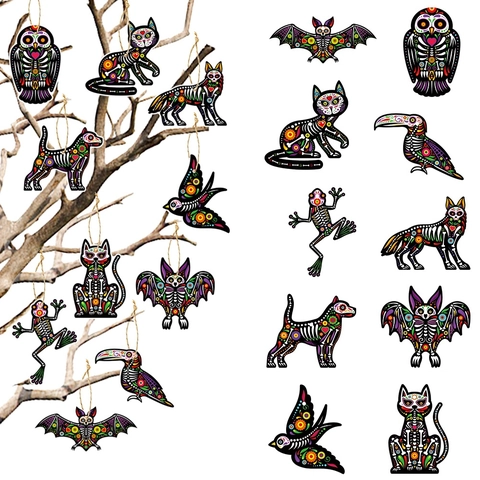Etichette Appese Giorno Dei Morti Ornamenti Scheletri Di Animali Stile Sugar Skull Decorazioni In Cartoncino Con Spago