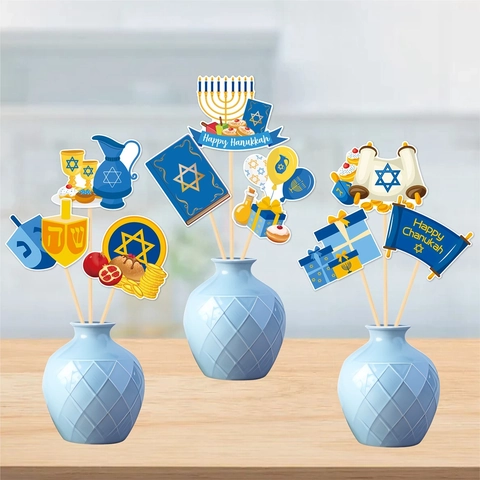 Hanoukka Inserts De Vase Papier Menorah Étoile De David Dreidel Motifs Décoration De Table Fête Accessoires Photo