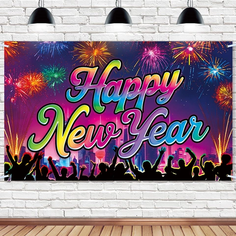 Happy New Year Hintergrund Banner Polyester Stoff Feuerwerk Stadt Skyline Party Dekoration Foto Hintergrund Wandbehang
