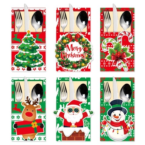 Christmas Cutlery Holders Cardboard Silverware Bags Santa Reindeer Patterns Holiday Party Dining Table Decorations Festive