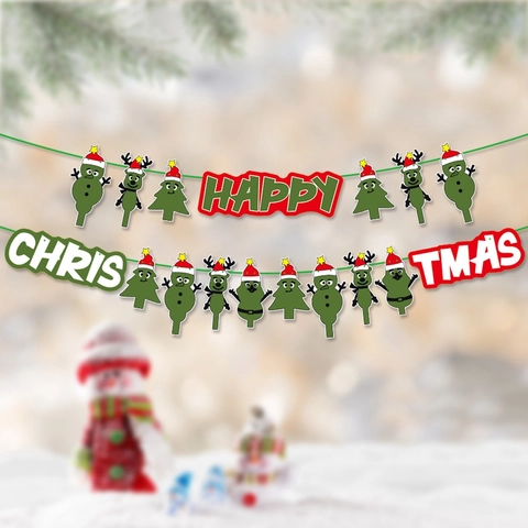 Christmas Banner Happy Christmas Bunting Paper Cartoon Snowman Reindeer Tree Decoration Party Backdrop Hanging Ornament