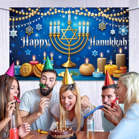 Bannière De Fond De Hanukkah Menorah Étoile De David Bleu Or Polyester Vacances Juives Photo Fond Décoration Murale De Fête