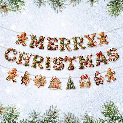 Christmas Bunting Banner Gingerbread Man Merry Christmas Letter Hanging Decoration Cardboard Holiday Party Home Decor