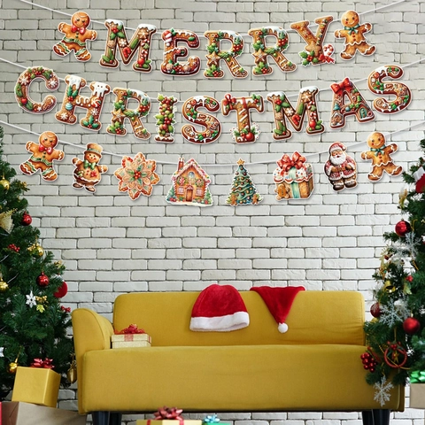 Christmas Bunting Banner Gingerbread Man Merry Christmas Letter Hanging Decoration Cardboard Holiday Party Home Decor