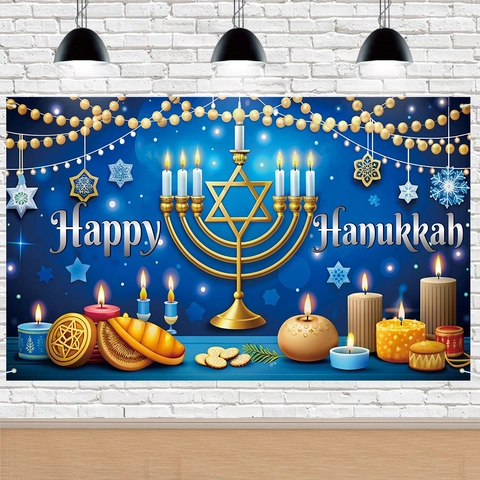 Bannière De Fond De Hanukkah Menorah Étoile De David Bleu Or Polyester Vacances Juives Photo Fond Décoration Murale De Fête