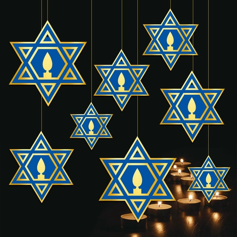 Star Of David Hängedekorationen Vergoldeter Karton Blau Gold Kerzenmuster Hanukkah Jüdisches Neujahrsfest Party Dekor