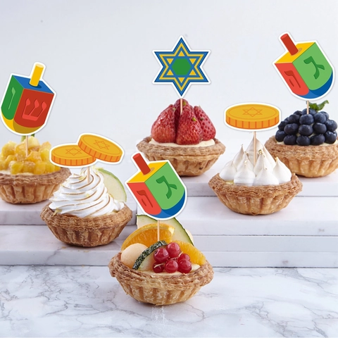 Hanukkah Cupcake Toppers Paper Bamboo Sticks Dreidel Star Of David Gelt Jewish New Year Festive Party Dessert Decoration