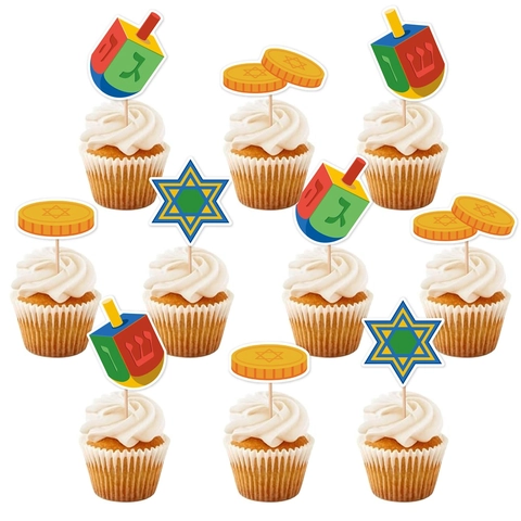 Hanukkah Cupcake Toppers Paper Bamboo Sticks Dreidel Star Of David Gelt Jewish New Year Festive Party Dessert Decoration