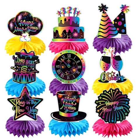 Feliz Año Nuevo Adornos de Nido de Abeja Papel Centros de Mesa Fluorescentes Decoraciones de Fiesta de Nochevieja Casa Decoración