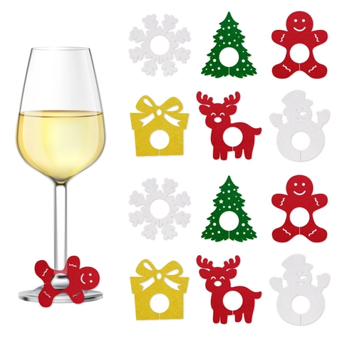 Marqueurs de Verres à Vin de Noël en Feutre Tissu Non Tissé Flocon de Neige Renne Bonhomme de Pain d'Épices pour Décoration Table Fête
