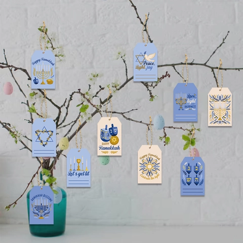 Happy Hanukkah Gift Tags Paper Decorative Hanging Labels With Twine For Party Favor Menorah Star Of David Patterns Blue