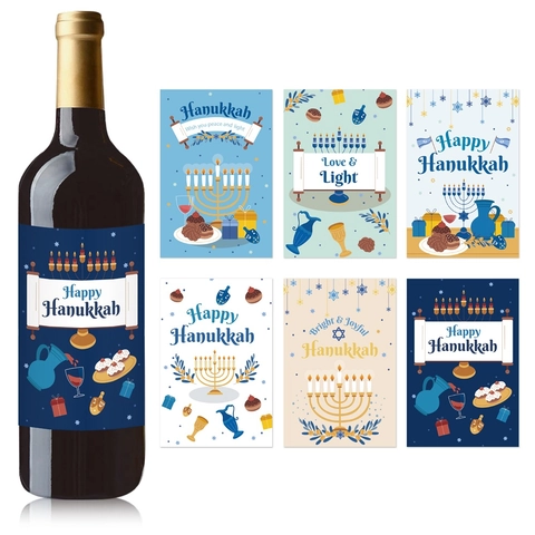 Hanukkah Bottle Labels Wine Beverage Adhesive Stickers Menorah Dreidel Star Of David Festive Jewish Holiday Party Decor