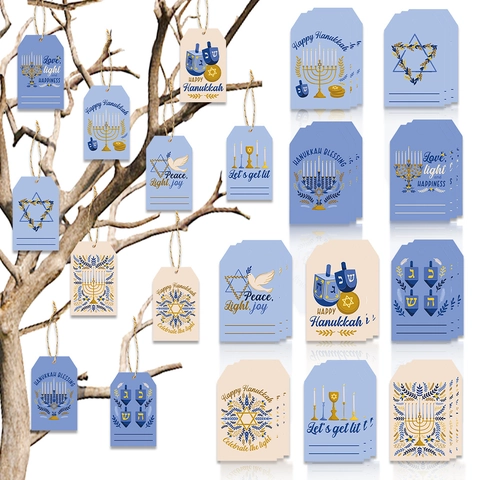 Happy Hanukkah Gift Tags Paper Decorative Hanging Labels With Twine For Party Favor Menorah Star Of David Patterns Blue