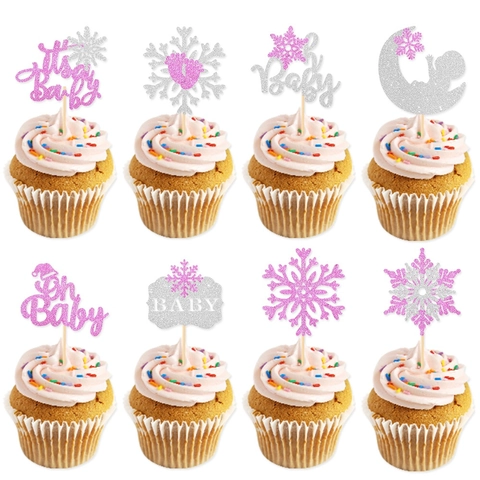 Cake Toppers Glitter Paper And Wood Sticks Snowflake Pink Silver Baby Shower Winter Christmas Party Cupcake Decorations