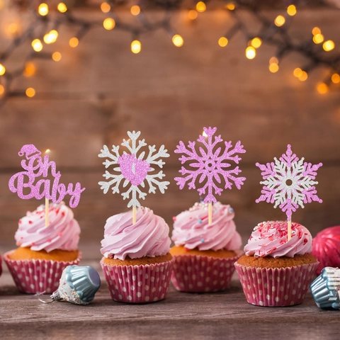 Cake Toppers Glitter Paper And Wood Sticks Snowflake Pink Silver Baby Shower Winter Christmas Party Cupcake Decorations