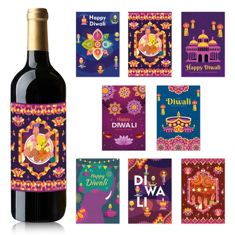 Autocollants de Bouteille de Vin Happy Diwali Décoration Fête des Lumières Indienne Motif Mandala Diya Étiquettes de Fête Adhésives