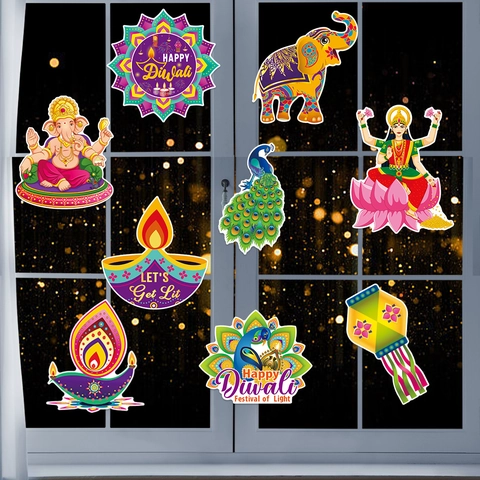 Decorazioni Festa Happy Diwali Adesivi da Parete Carta Ganesha Lakshmi Elefante Pavone Diya Ritagli Decorazioni Finestra 9 Pezzi