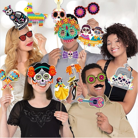 Mexican Day Of The Dead Photo Booth Props Cardboard Sugar Skull Mask Glasses Mustache Fun DIY Decoration