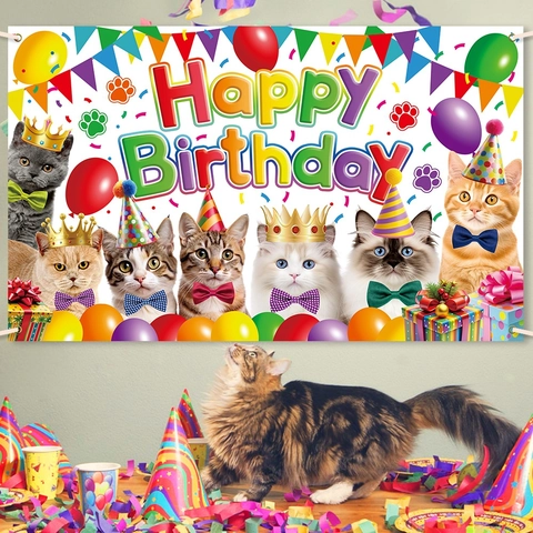 Katzen Thema Geburtstagsparty Hintergrund Polyester Stoff Bunt Happy Birthday Fotohintergrund Für Haustier Party