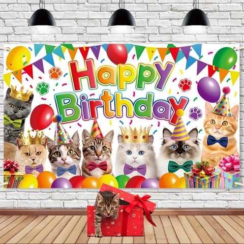 Katzen Thema Geburtstagsparty Hintergrund Polyester Stoff Bunt Happy Birthday Fotohintergrund Für Haustier Party