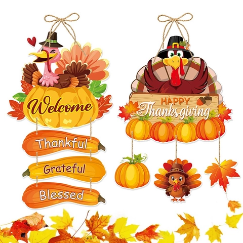 Thanksgiving Deurhanger Decoratie Kalkoen Pompoen Esdoornblad Karton Hangbord Voor Herfstfeest Huisdecoratie Cartoon Stijl