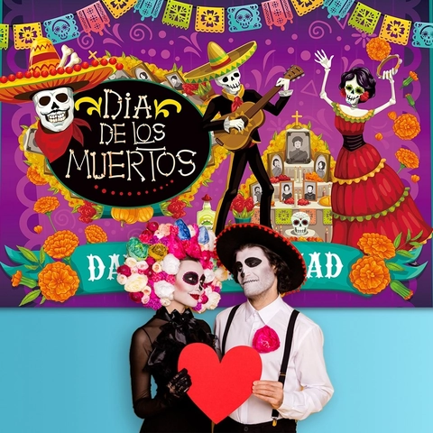 Dia De Los Muertos Achtergrond Mexicaanse Dag Van De Doden Feest Decoratie Banner Polyester Schedel Goudsbloem Papel Picado Bloemen