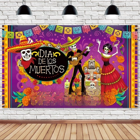 Dia De Los Muertos Achtergrond Mexicaanse Dag Van De Doden Feest Decoratie Banner Polyester Schedel Goudsbloem Papel Picado Bloemen