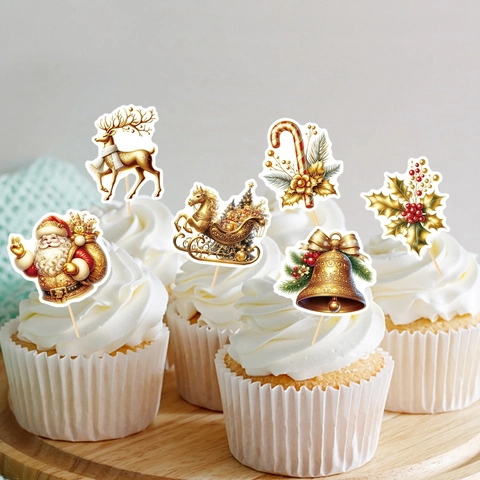 Christmas Cupcake Toppers Gold Cardstock Cake Decoration For Holiday Party Santa Reindeer Bell Design Novelty Festive Decor
