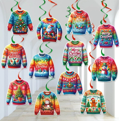 Christmas Hanging Swirls Ornaments Ugly Sweater Cardstock Spiral Ceiling Decorations Holiday Party Atmosphere Home Decor