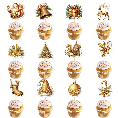 Christmas Cupcake Toppers Gold Cardstock Cake Decoration For Holiday Party Santa Reindeer Bell Design Novelty Festive Decor