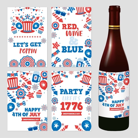 Independence Day Wine Bottle Stickers Patriotic July Fourth Theme Labels Waterproof Self Adhesive Party Drink Decorations