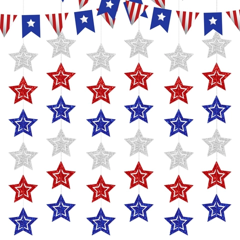 Decorazioni Appese Stelle Giorno Dell'Indipendenza Carta Luccicante Stelle Cave Rosso Blu Argento Festa 4 Luglio