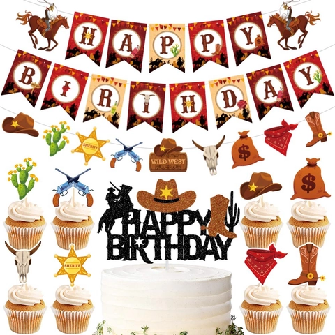 Western Cowboy Birthday Party Decorations Happy Birthday Banner Cake Toppers Wild West Theme Paper Sheriff Star Horse Cactus