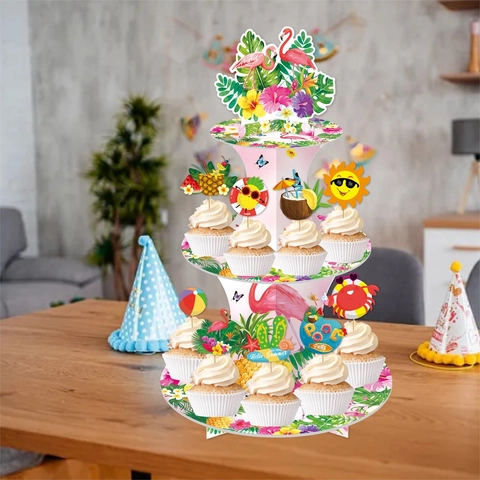 Soporte Para Cupcakes En Niveles Cartón Tropical Flamenco Piña Decoración Fiesta Hawái Estante Exhibición Postres Verano