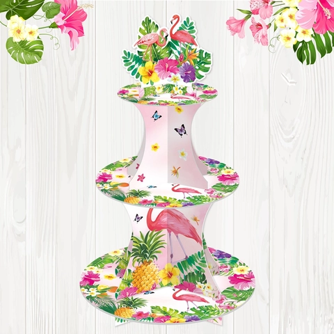 Soporte Para Cupcakes En Niveles Cartón Tropical Flamenco Piña Decoración Fiesta Hawái Estante Exhibición Postres Verano