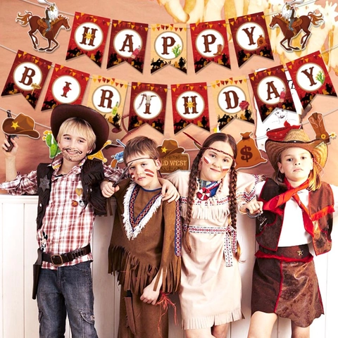 Western Cowboy Birthday Party Decorations Happy Birthday Banner Cake Toppers Wild West Theme Paper Sheriff Star Horse Cactus