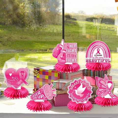 Centres De Table En Nid D'abeille Sensibilisation Cancer Du Sein Décorations Papier Ruban Rose Espoir Événement De Charité