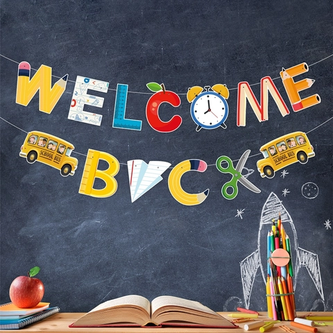 Welcome Back Banner Paper Garland School Bus Pencil Patterns Back To School Party Classroom Decorations For Teachers