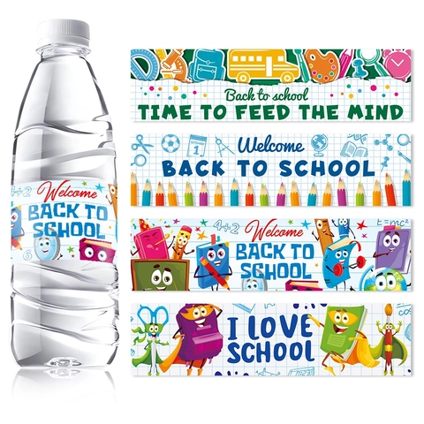 Back To School Water Bottle Labels Waterproof Self Adhesive Stickers For Classroom Party Decoration School Bus Designs