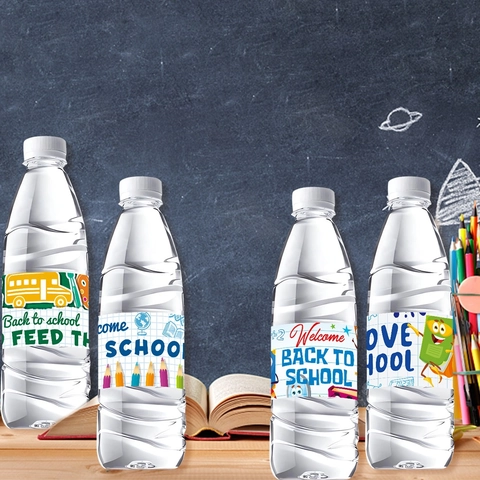Back To School Water Bottle Labels Waterproof Self Adhesive Stickers For Classroom Party Decoration School Bus Designs