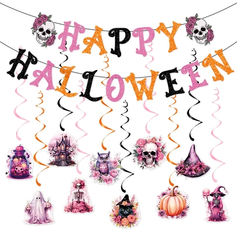 Decorazione Halloween Spirali Appese Banner Rosa Nero Carta Fantasma Zucca Teschio Festa