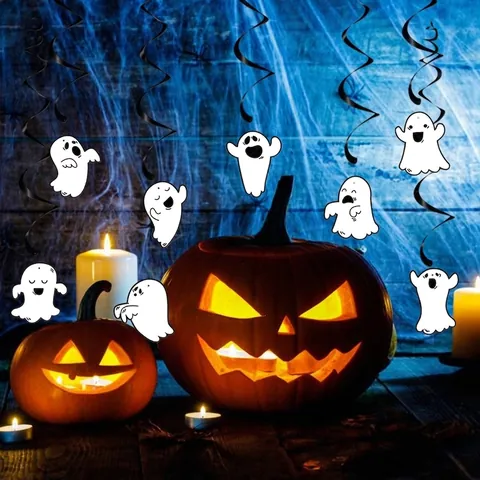 Halloween Ghost Banner Hanging Swirl Decorations Set Cartoon White Paper Ghost Garland Black Spiral Pendant For Party Home Decor