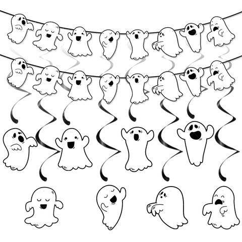 Halloween Geist Banner Hängende Wirbel Dekorationen Set Cartoon Weißes Papier Geist Girlande Schwarze Spirale Anhänger Für Party Haus Deko