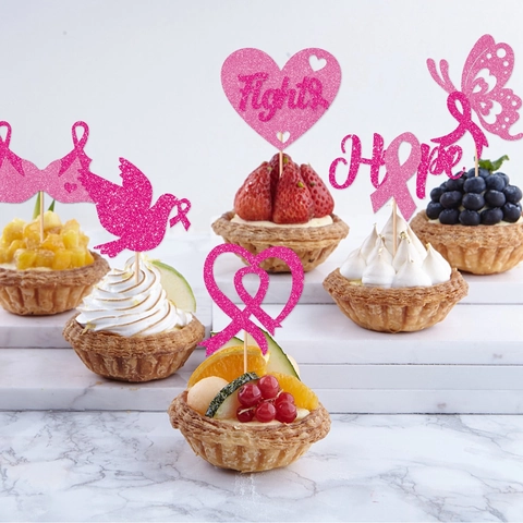 Glitzer Rosa Schleife Kuchenstecker Brustkrebs Bewusstsein Cupcake Dekorationen Herz Hoffnung Design Party Zubehör Damen