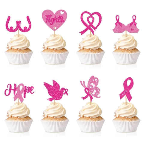 Glitzer Rosa Schleife Kuchenstecker Brustkrebs Bewusstsein Cupcake Dekorationen Herz Hoffnung Design Party Zubehör Damen