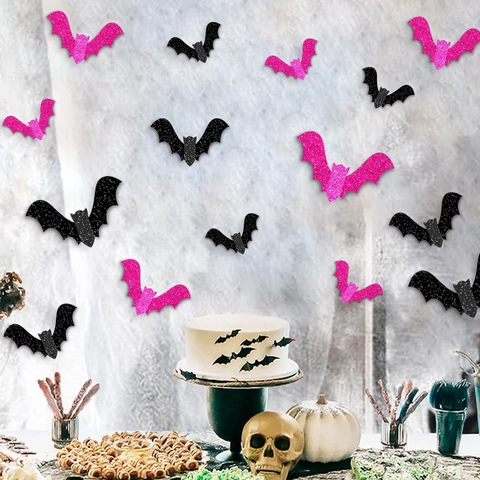 Halloween 3D Fledermaus Wandaufkleber Glitzerpapier Dekorative DIY Partybedarf Home Decor Faltbare Flügel Schwarz Pink
