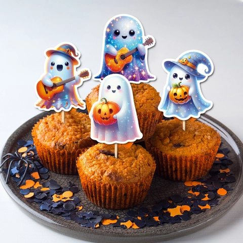 Toppers De Cupcake Fantôme Mignon Bande Dessinée Galaxie Étoilée Décoration De Gâteau De Fête D'Halloween DIY Pics À Dessert En Papier
