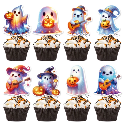 Toppers De Cupcake Fantôme Mignon Bande Dessinée Galaxie Étoilée Décoration De Gâteau De Fête D'Halloween DIY Pics À Dessert En Papier
