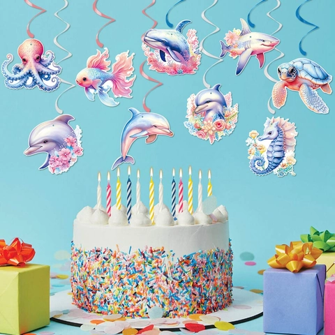Ocean Theme Birthday Party Hanging Swirls Decorations Watercolor Sea Animal Dolphin Shark Turtle Octopus Flower Pattern Cardboard Swirl Ceiling Decor For Kids Baby Shower Beach Party