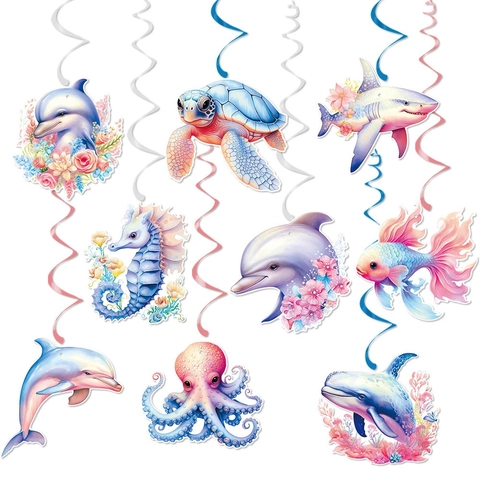 Ocean Theme Birthday Party Hanging Swirls Decorations Watercolor Sea Animal Dolphin Shark Turtle Octopus Flower Pattern Cardboard Swirl Ceiling Decor For Kids Baby Shower Beach Party